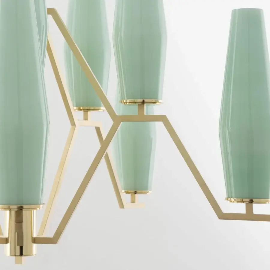 Exceptional Patrizia Garganti Frida chandelier crafted in Italy with pale green blown glass and polished golden metal framework