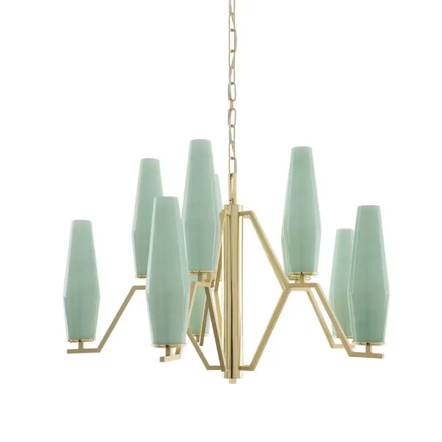 Distinguished Patrizia Garganti Frida chandelier crafted in Italy with seafoam green blown glass and satin golden-toned metal