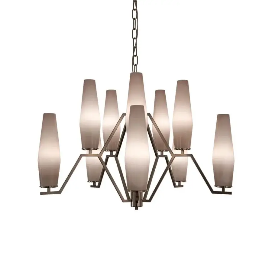 Harmonious Patrizia Garganti Frida chandelier crafted in Italy with translucent beige blown glass and brushed grayish metal frame