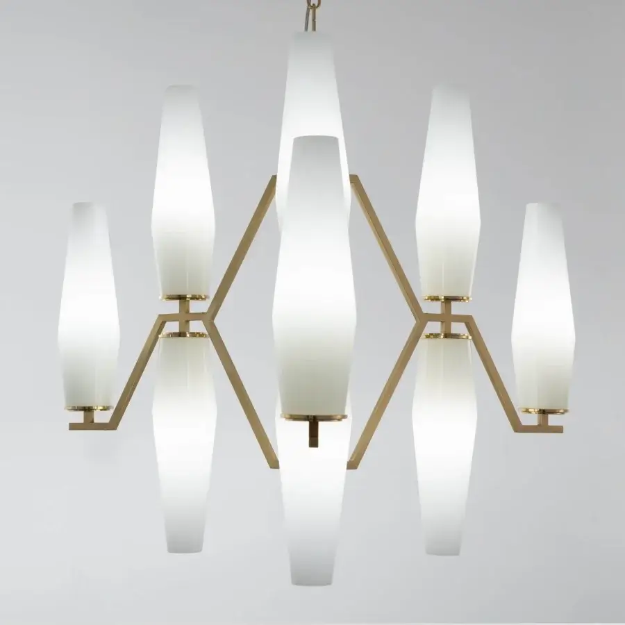 Superior Patrizia Garganti Frida chandelier crafted in Italy with satin gold-toned metal and milky white blown glass