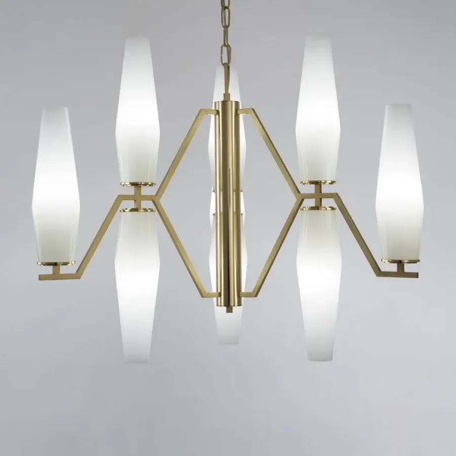 Exceptional Patrizia Garganti Frida chandelier crafted in Italy with rigorously blown glass shades and satin golden metal frame