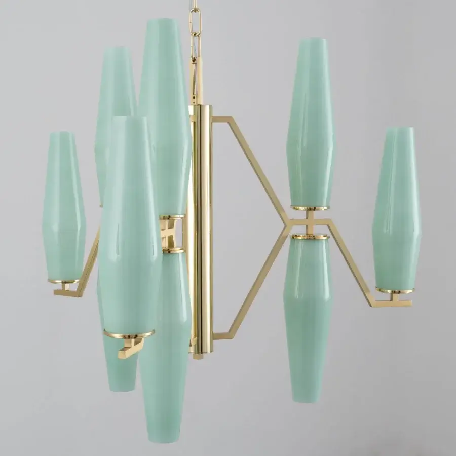 Distinguished Patrizia Garganti Frida chandelier with rigorously blown glass shades and polished golden metal frame