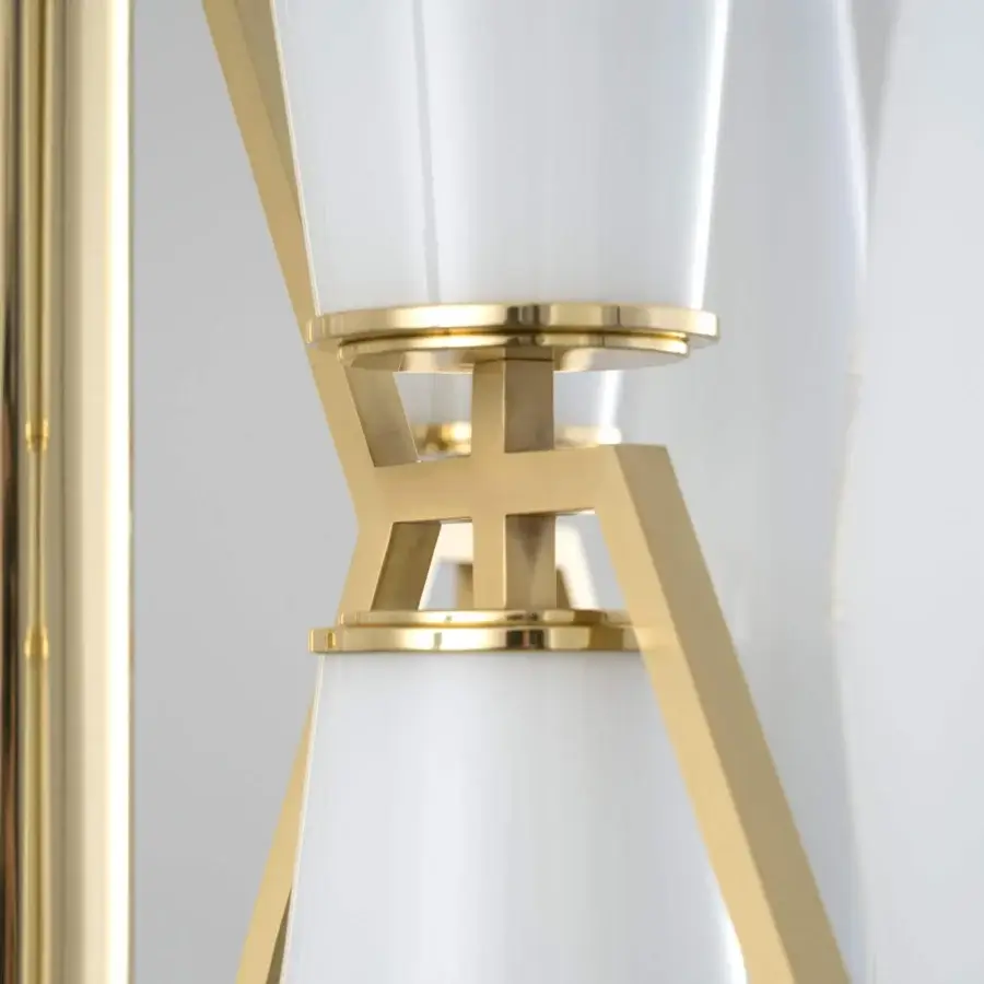 Elegant Patrizia Garganti Frida chandelier crafted in Italy with bright gold finish and white conical diffusers