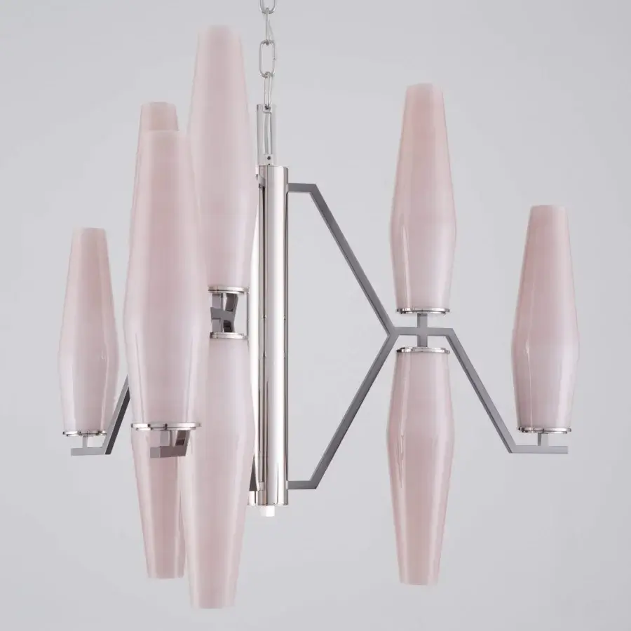 Distinctive Patrizia Garganti Frida chandelier crafted in rigorously blown glass with pale pink gradient shades and polished metalwork