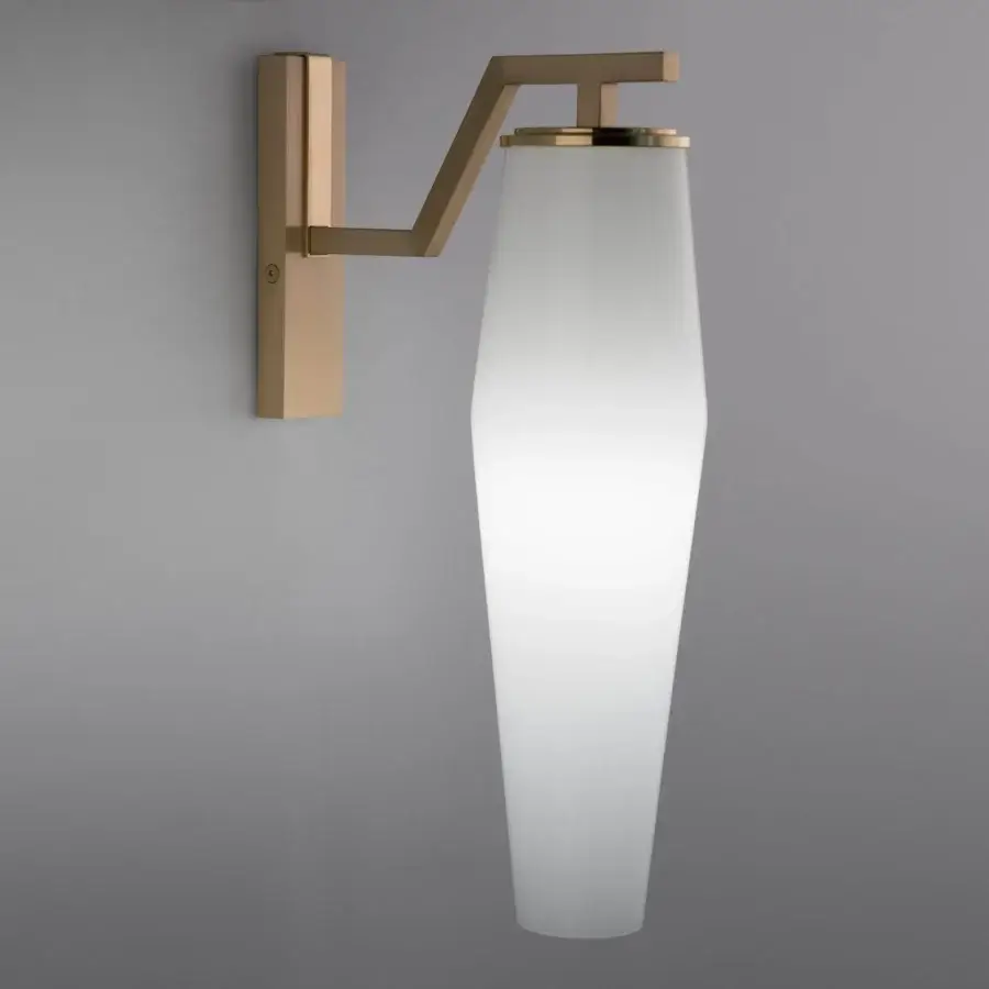 Elegant Patrizia Garganti Frida wall lamp in opaque white glass with warm golden-bronze metal finish