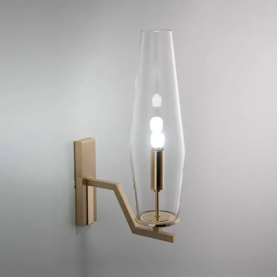 Distinguished Patrizia Garganti Frida wall lamp with soft curves crafted in hand-blown glass and muted gold-tone metal