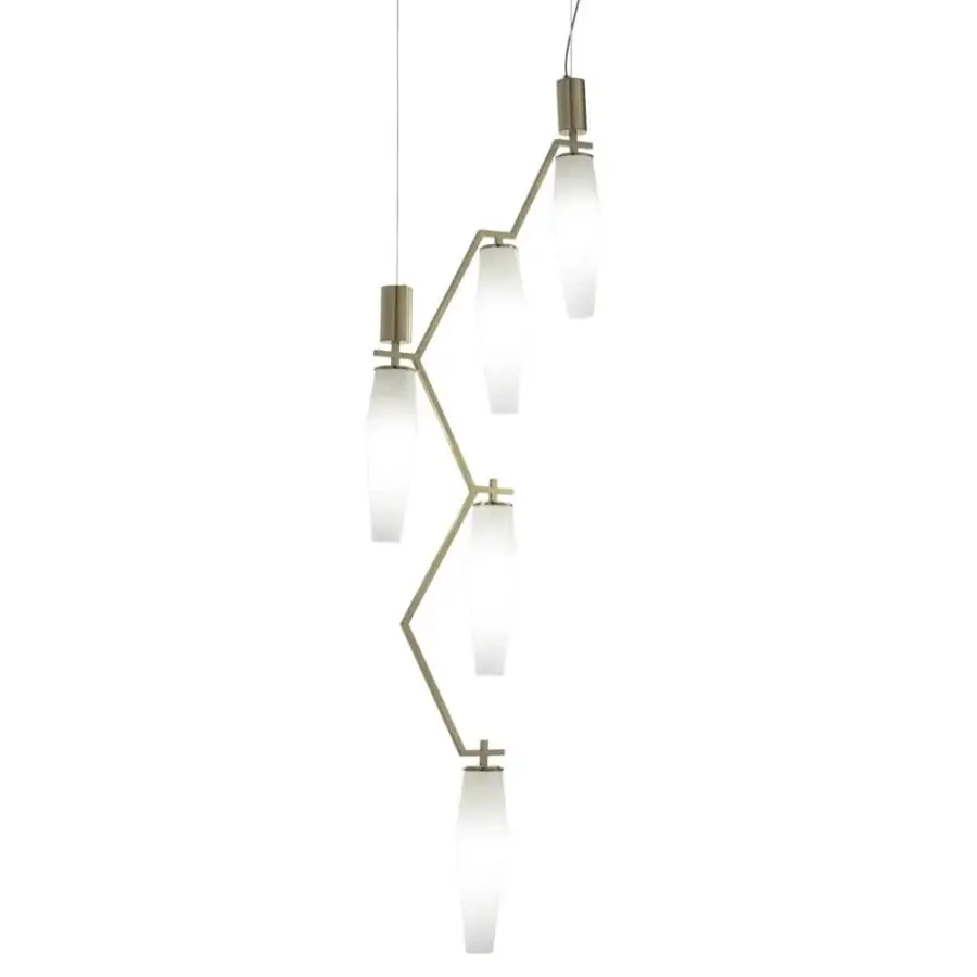 Exceptional Patrizia Garganti Frida suspension lamp with elongated form crafted in brushed gold-toned metal and hand-blown glass shades