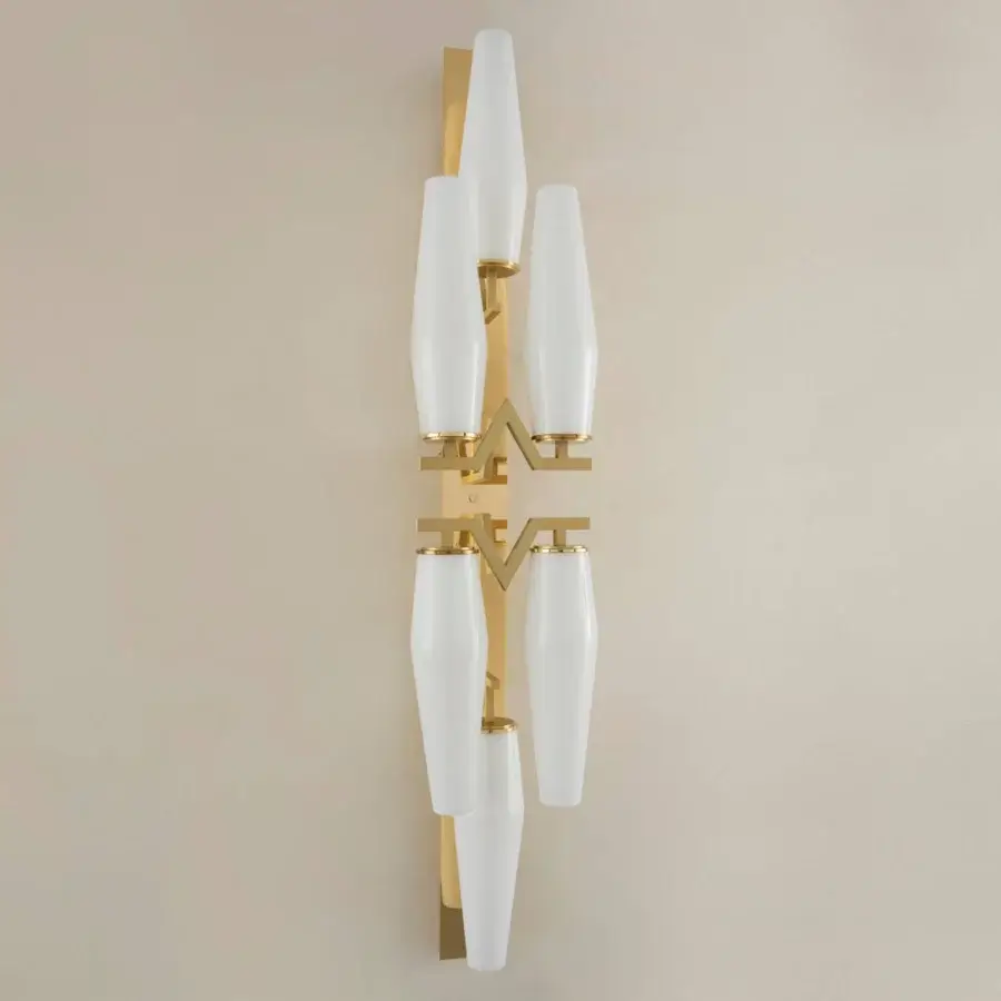 Distinguished Patrizia Garganti Frida wall lamp with hand-blown glass and bright gold-toned metal framework