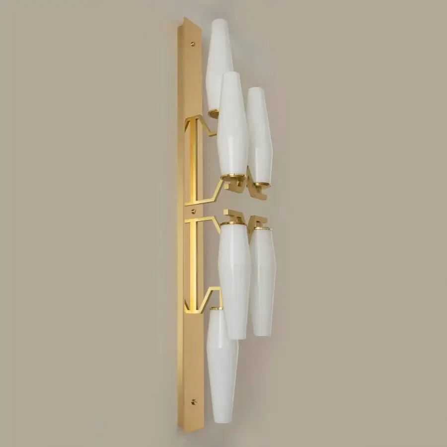 Exceptional Patrizia Garganti Frida wall lamp crafted in hand-blown white glass with a satin brass-toned metal finish