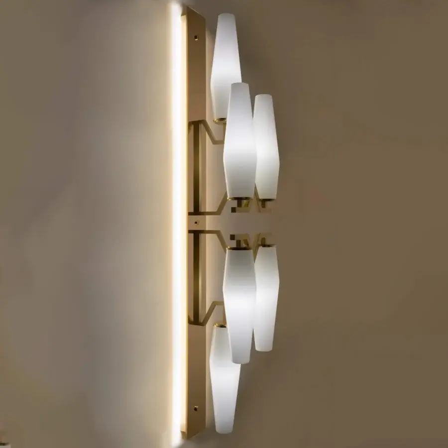 Superior Patrizia Garganti Frida wall lamp in hand-blown opaque glass with a brushed gold-tone metallic structure and cascading shades