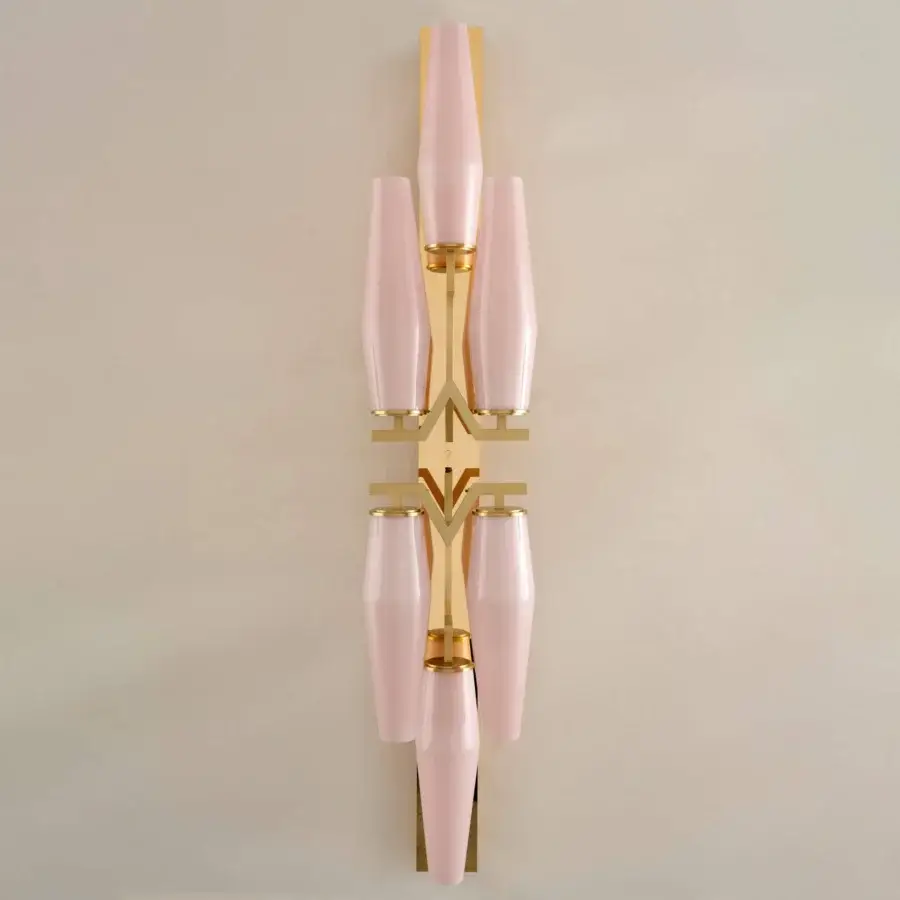 Distinguished Patrizia Garganti Frida wall lamp in hand-blown glass with polished gold-toned metal and pale pink diffusers