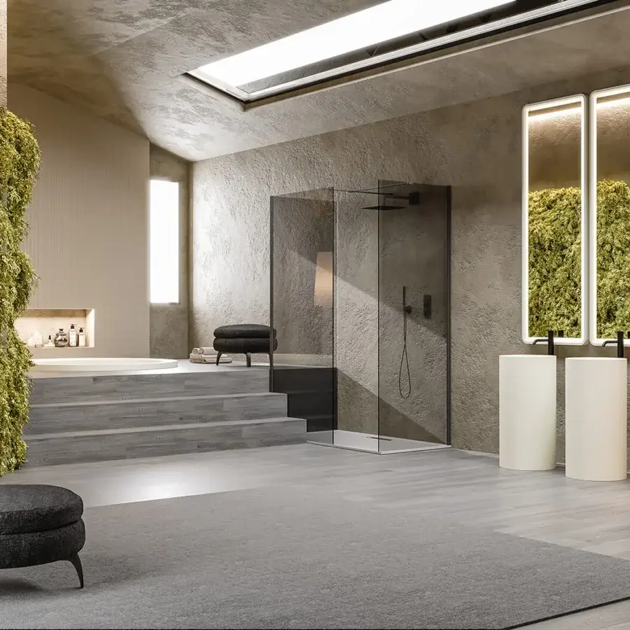 Exclusive Norah Design RNBT 03 bathtub built for floor-level installation in light gray Norahcryl with a velvety matt finish