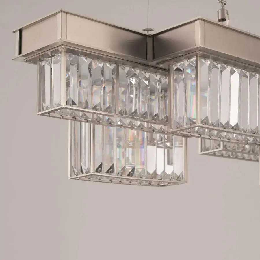 Elegant Patrizia Garganti Gisele suspension lamp crafted in rectilinear form with satin silver steel and clear glass elements
