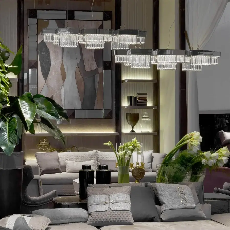 Superior Patrizia Garganti Gisele suspension lamp crafted in laser-cut steel with a clear glossy material for warm white illumination