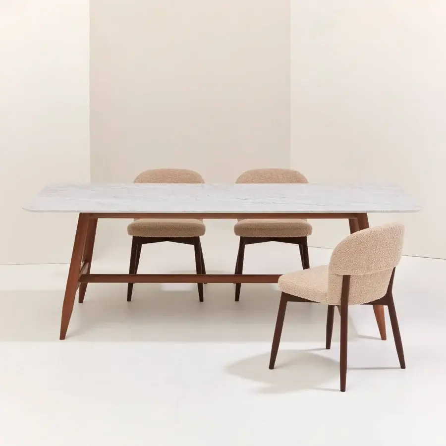 Refined Billiani Spy dining chair upholstered in light beige textured textile with satin-finished wood frame