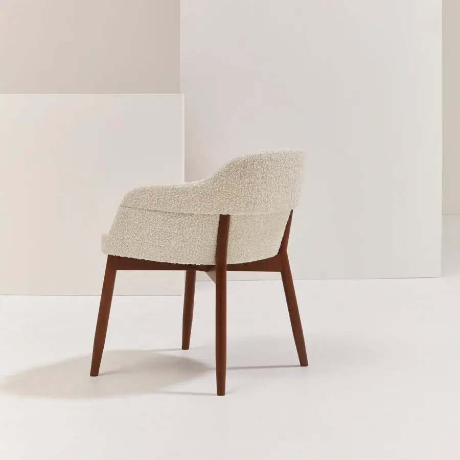 Superior Billiani Spy dining chair upholstered in off-white textured bouclé with a satin-finish medium-brown wood frame