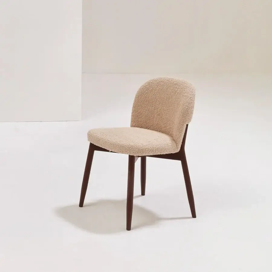 Distinguished Billiani Spy dining chair upholstered in creamy beige bouclé textile with a satin wood frame