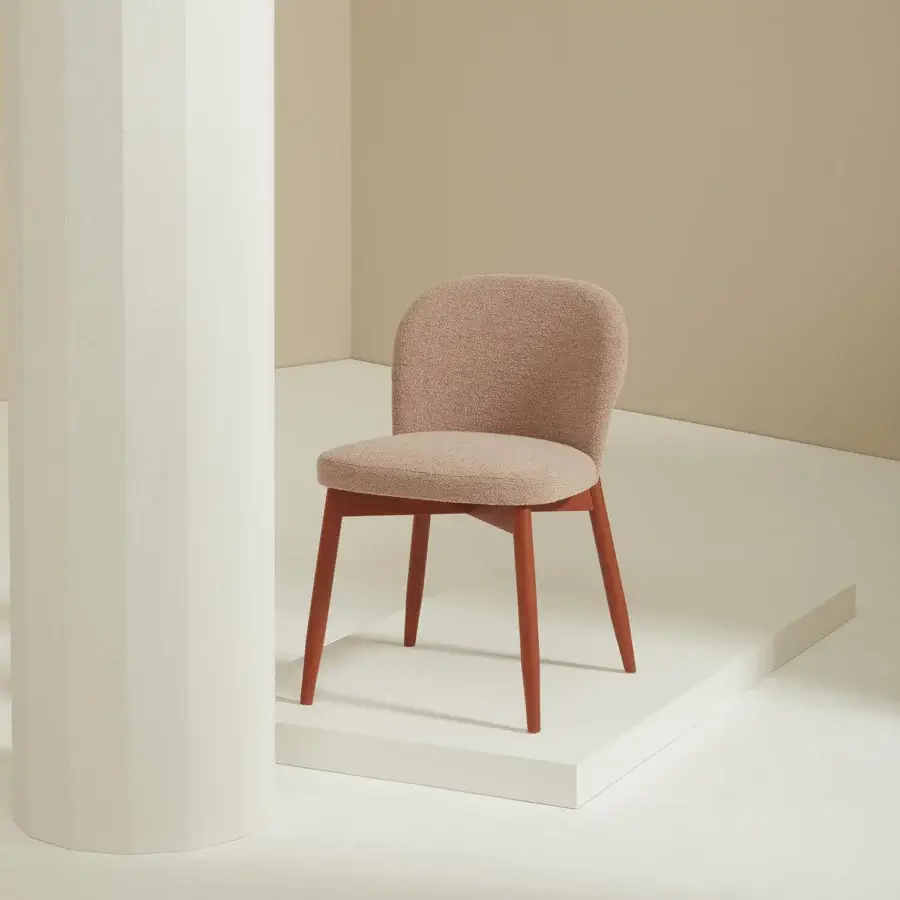 Distinguished Billiani Spy dining chair in muted beige textile with warm reddish-brown wood and satin finish