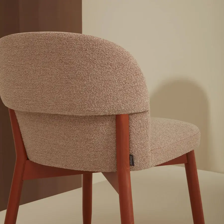Elegant Billiani Spy dining chair in muted beige textile with a satin reddish-brown wood frame and distinctive back band