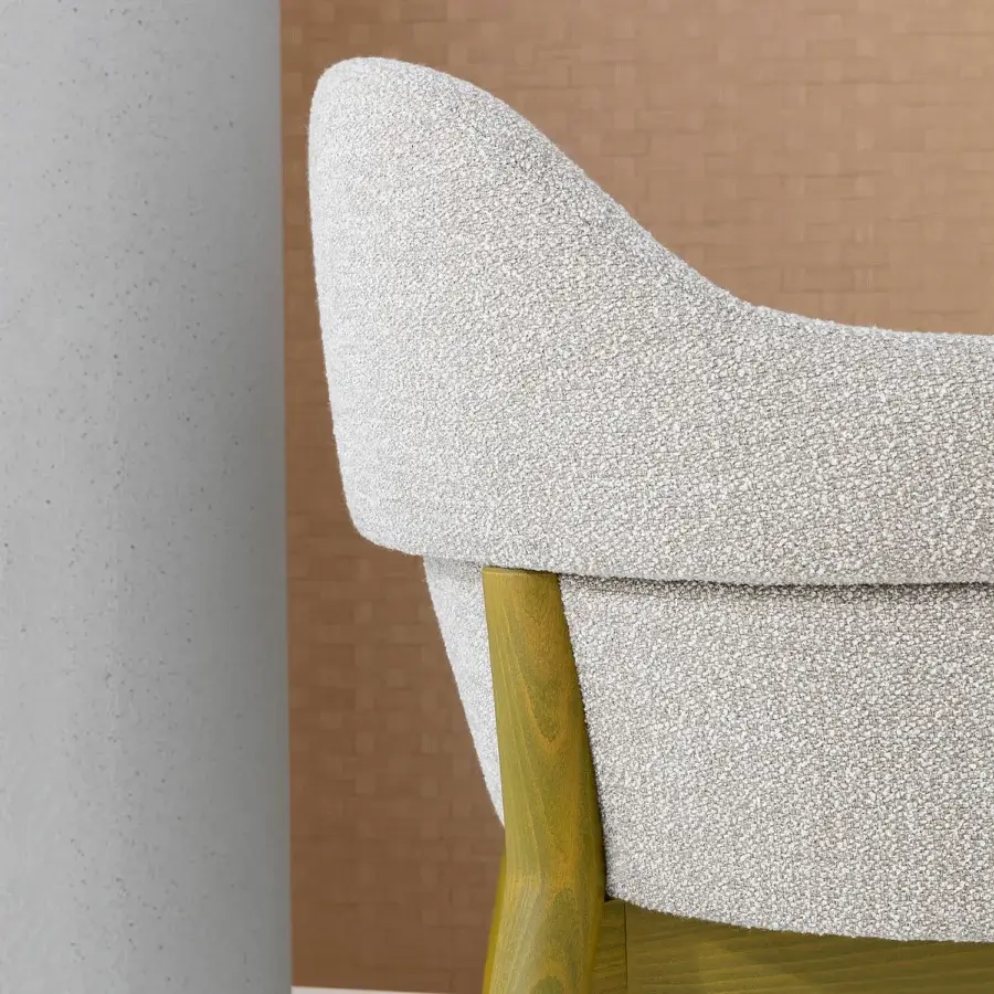 Exceptional Billiani Spy dining chair upholstered in light neutral textile with a satin finished wood frame