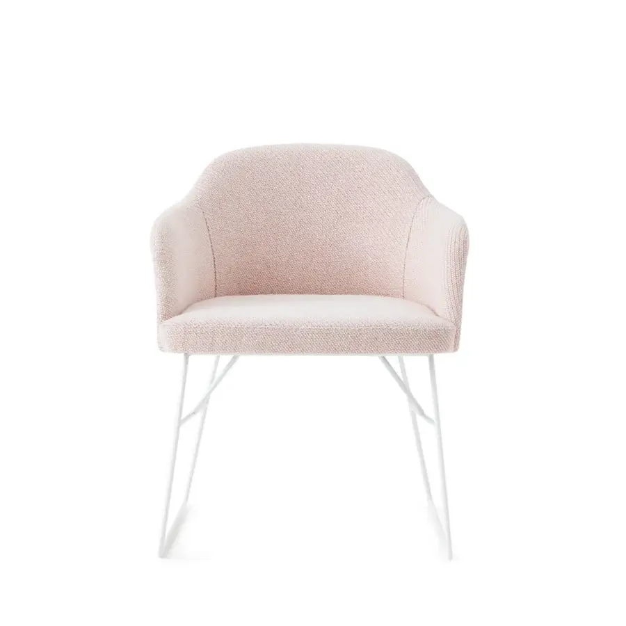 Distinguished Billiani Spy dining chair upholstered in pale pink textured textile with a sleek white metal base and matte finish
