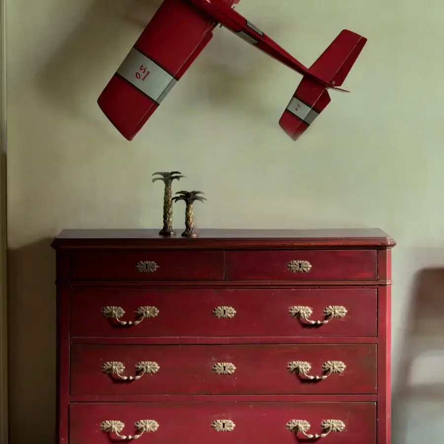 Exceptional Faber Mobili Clarisse dresser in saturated red with floral medallions and ornate brass-like handles, finished with a distressed matte effect