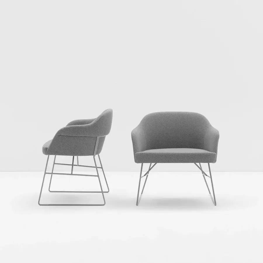 Elegant Billiani Spy Lounge chair with rounded silhouette upholstered in textured medium gray textile and sleek matte gray steel base