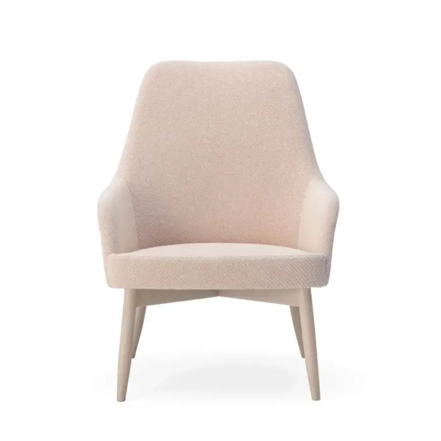 Distinguished Billiani Spy Lounge chair with organic form upholstered in textured peach textile and satin finished light wood base