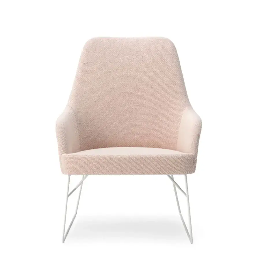 Superior Billiani Spy Lounge chair with gently curved form upholstered in pale pink textile and satin white metal base