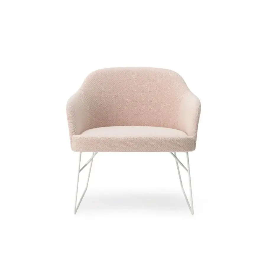 Exclusive Billiani Spy Lounge chair with gently curved silhouette upholstered in blush-toned textile with sleek white metal base