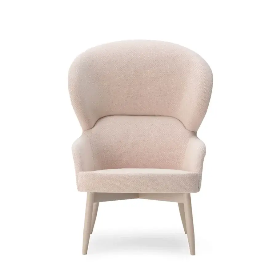 Captivating Billiani Spy Lounge chair with rounded organic form upholstered in textured blush pink textile with satin-finish wooden base