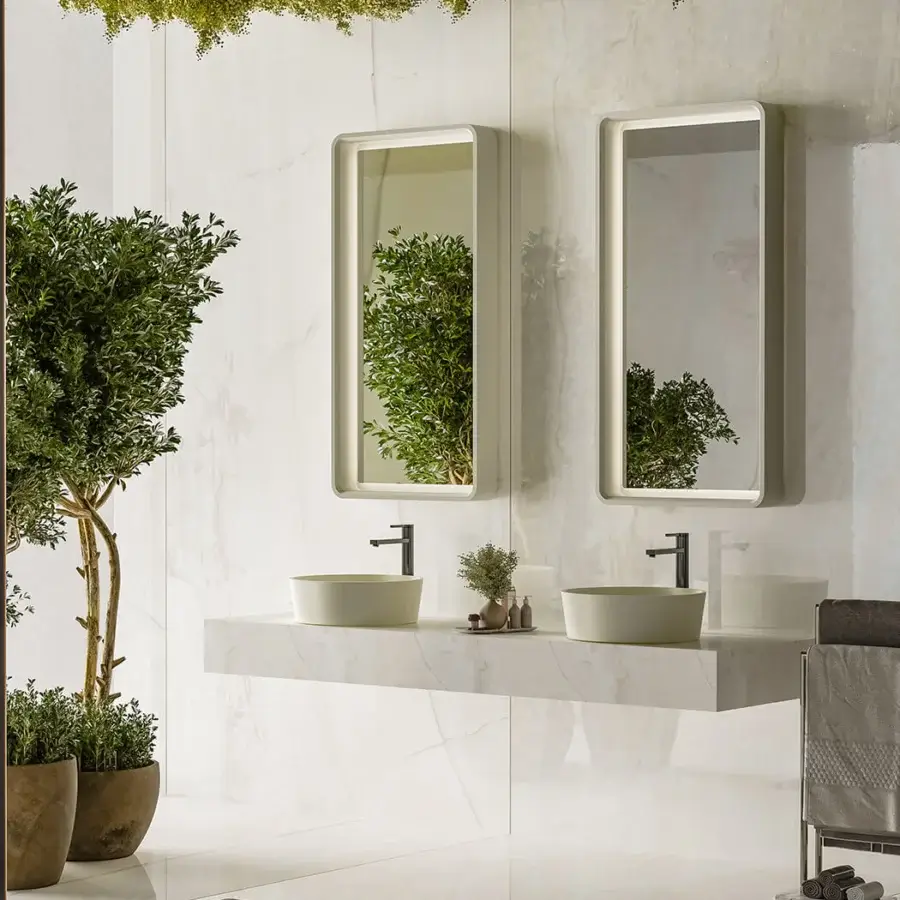 Superior Norah Design RNBA 02 washbasin sculpted from white Norahcryl with a velvet-like touch and refined vertical profile