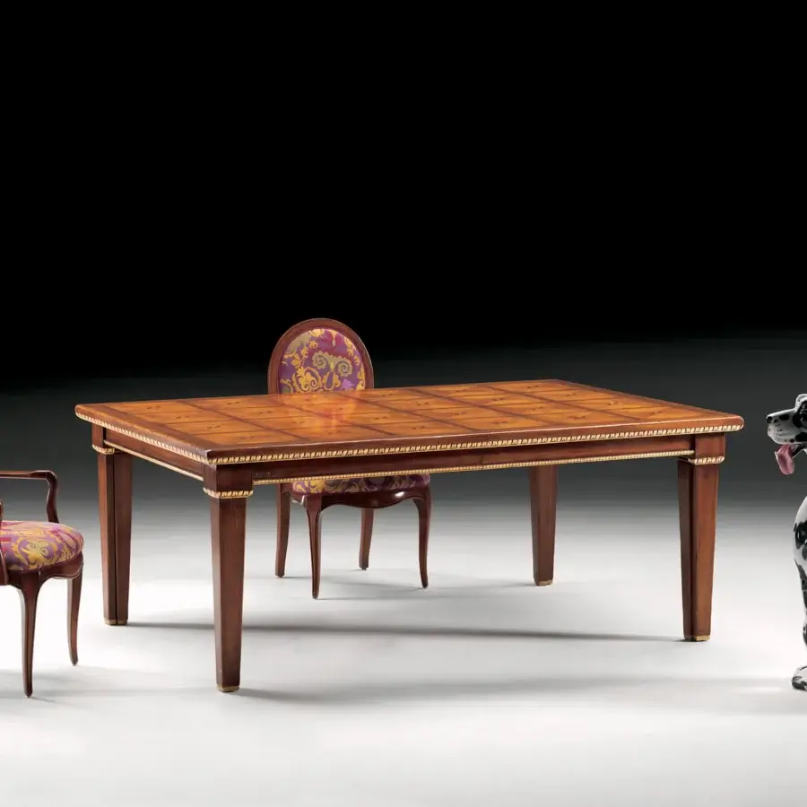 Distinguished Faber Mobili Masaccio extendable table crafted in walnut with geometric mother-of-pearl inlay and satin finish