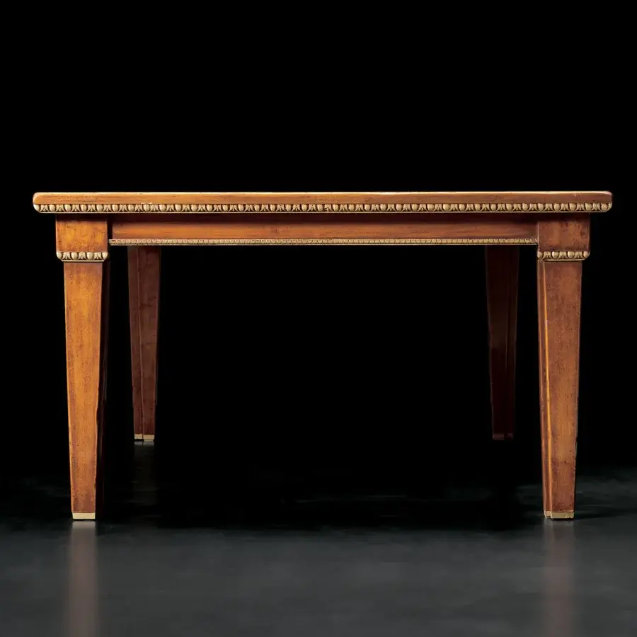Lavish Faber Mobili Masaccio extendable table crafted in walnut with geometric mother-of-pearl inlay and satin finish