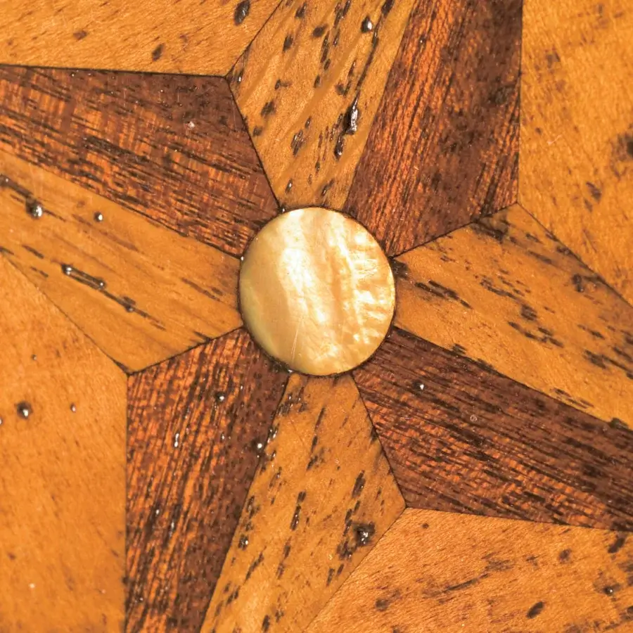 Distinguished Faber Mobili Masaccio extendable table crafted in walnut with geometric mother-of-pearl inlay and polished brass accents