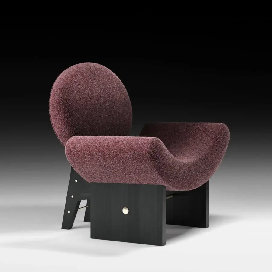 Distinguished Black Tie Onika lounge chair with reddish-purple textured fabric upholstery and matte wood frame