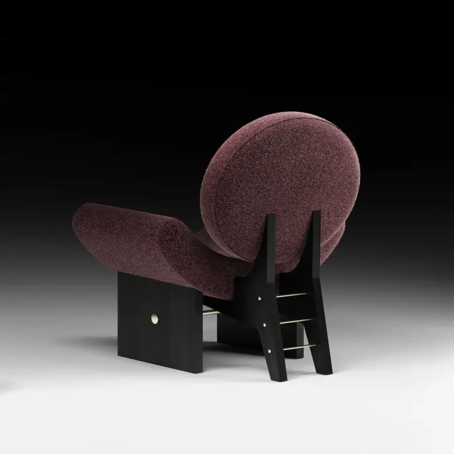 Exceptional Black Tie Onika lounge chair with muted plum textile upholstery and matte black finished solid wood frame