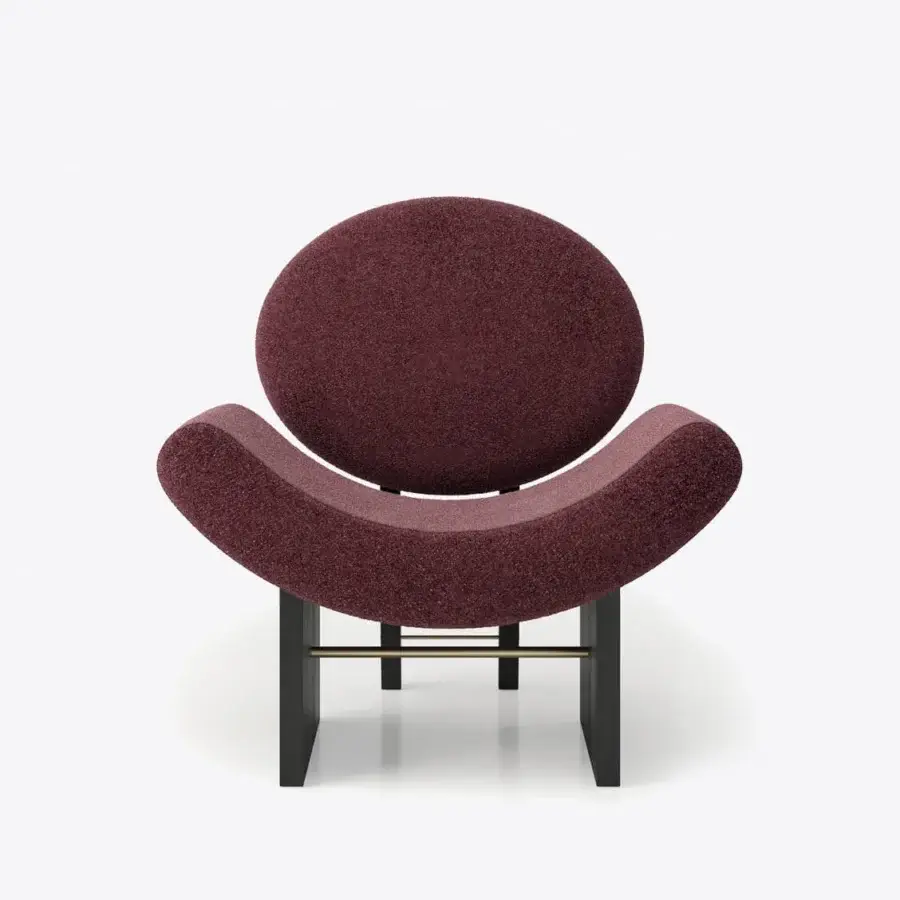 Distinguished Black Tie Onika lounge chair with deep plum textured fabric upholstery and dark-toned solid wood base