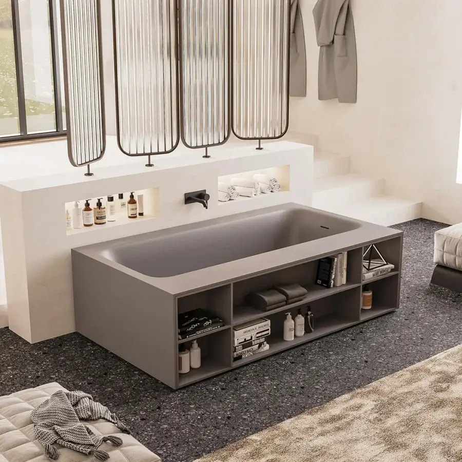 Avant-garde Norah Design CUBT 02 bathtub crafted in dark gray Norahcryl with a velvety matt finish and integrated bookcase