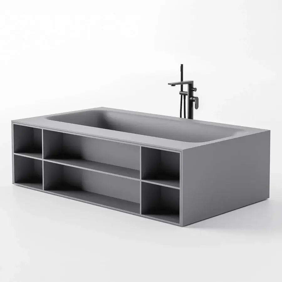 Exceptional Norah Design CUBT 02 bathtub crafted in medium gray Norahcryl with integrated bookcase and velvety matt finish