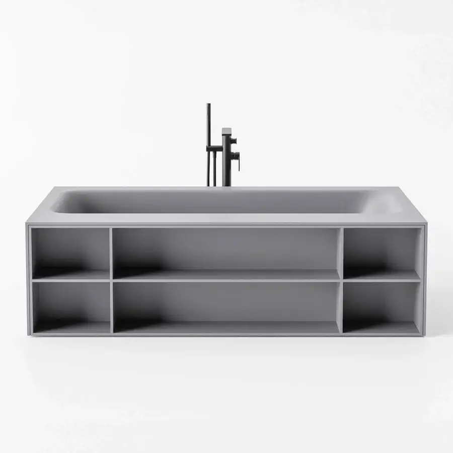Superior Norah Design CUBT 02 bathtub crafted in medium gray Norahcryl with integrated shelving and velvety matt finish