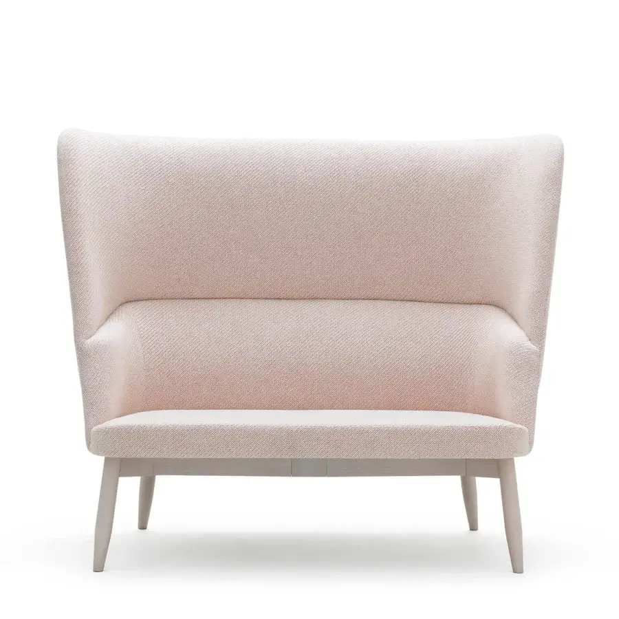 Captivating Billiani Spy sofa with blush pink woven textile upholstery and satin-finish light-toned wood legs