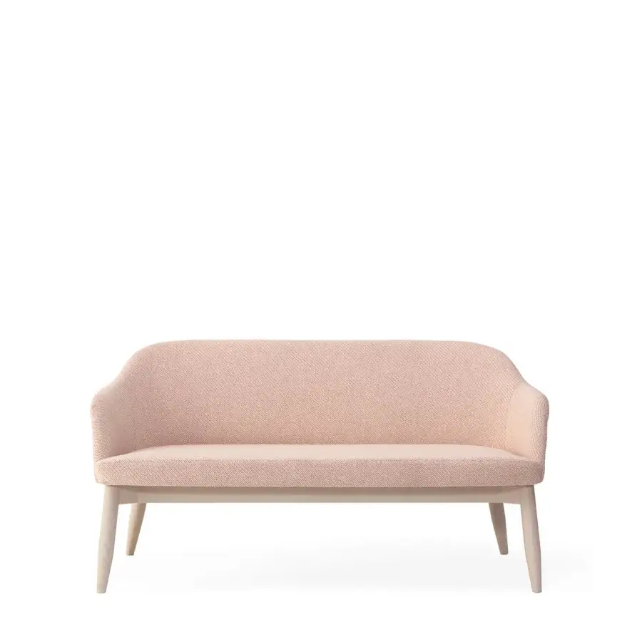 Elegant Billiani Spy sofa with curved form and textured dusty rose textile upholstery with satin-finish wood base