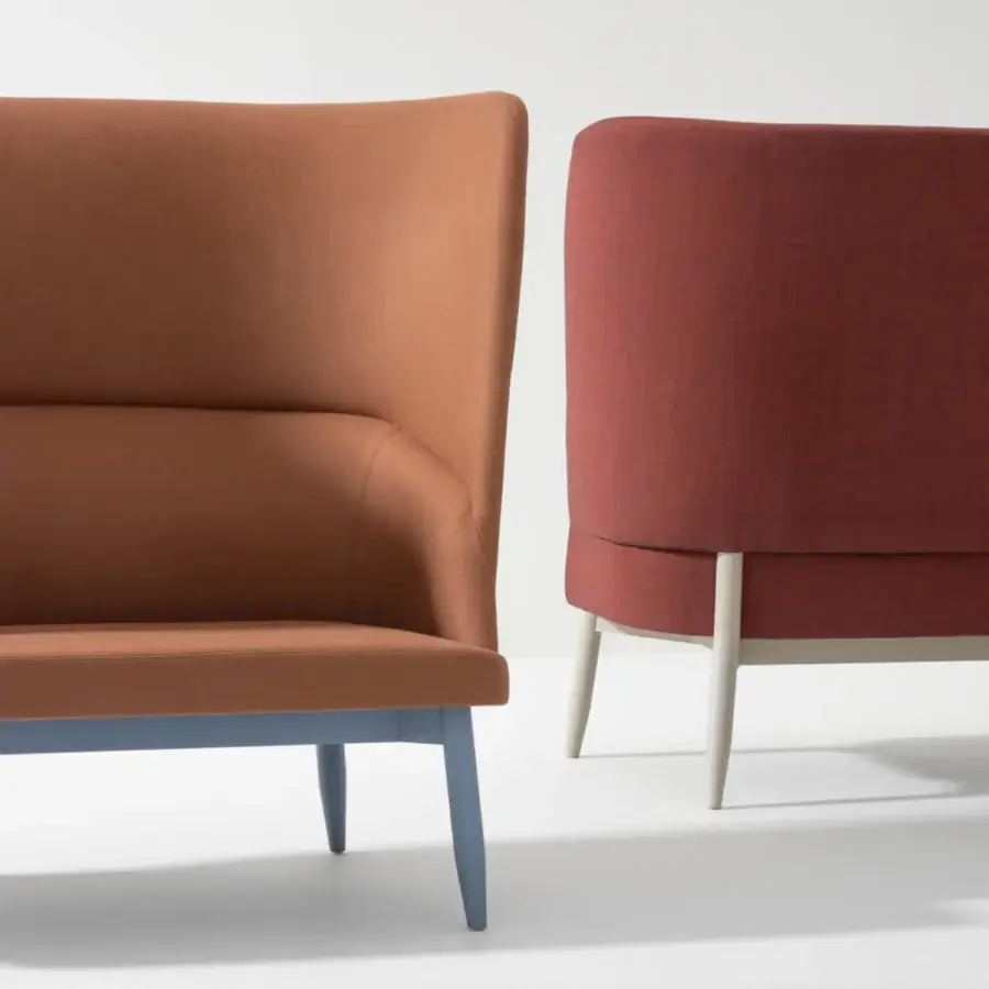 Distinguished Billiani Spy sofa with inviting form and reddish-brown textured textile upholstery plus light wood satin finish legs