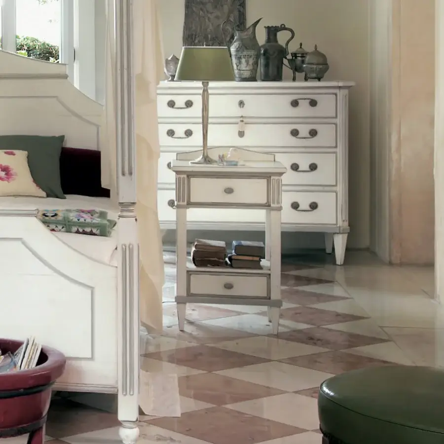 Distinguished Faber Mobili Michelle nightstand crafted in wood with white lacquer finish and subtle grey profiles