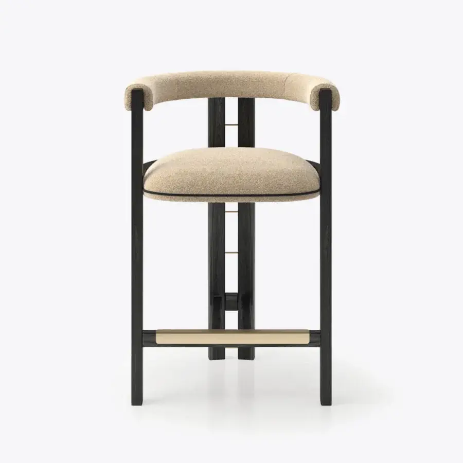 Distinguished Black Tie Kumiko stool crafted from solid wood with textile upholstery and a dark matte finish accented with gold tones