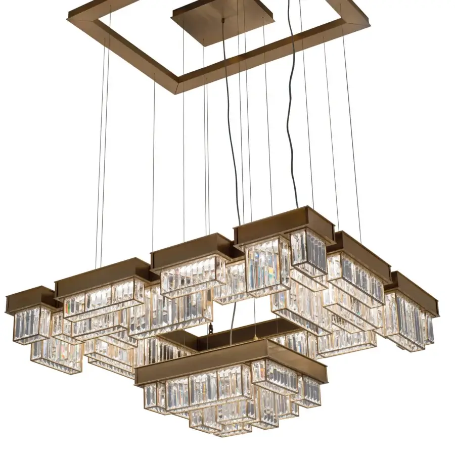 Architectural Patrizia Garganti Gisele chandelier with tiered form and faceted glass blocks in aged gold metal finish