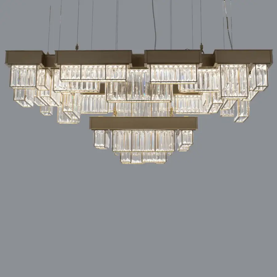 Architectural Patrizia Garganti Gisele chandelier built in clear glass and warm golden brushed steel with integrated dimmable lights