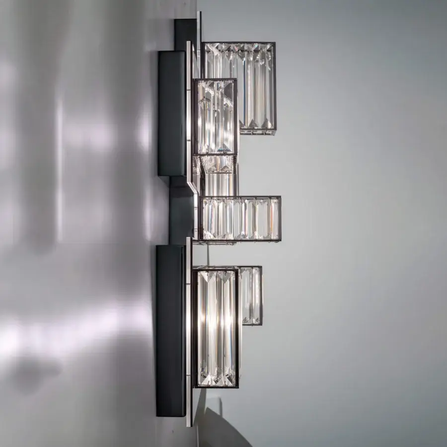 Elegant Patrizia Garganti Gisele wall lamp with geometric form crafted in steel and clear glass with matte finish