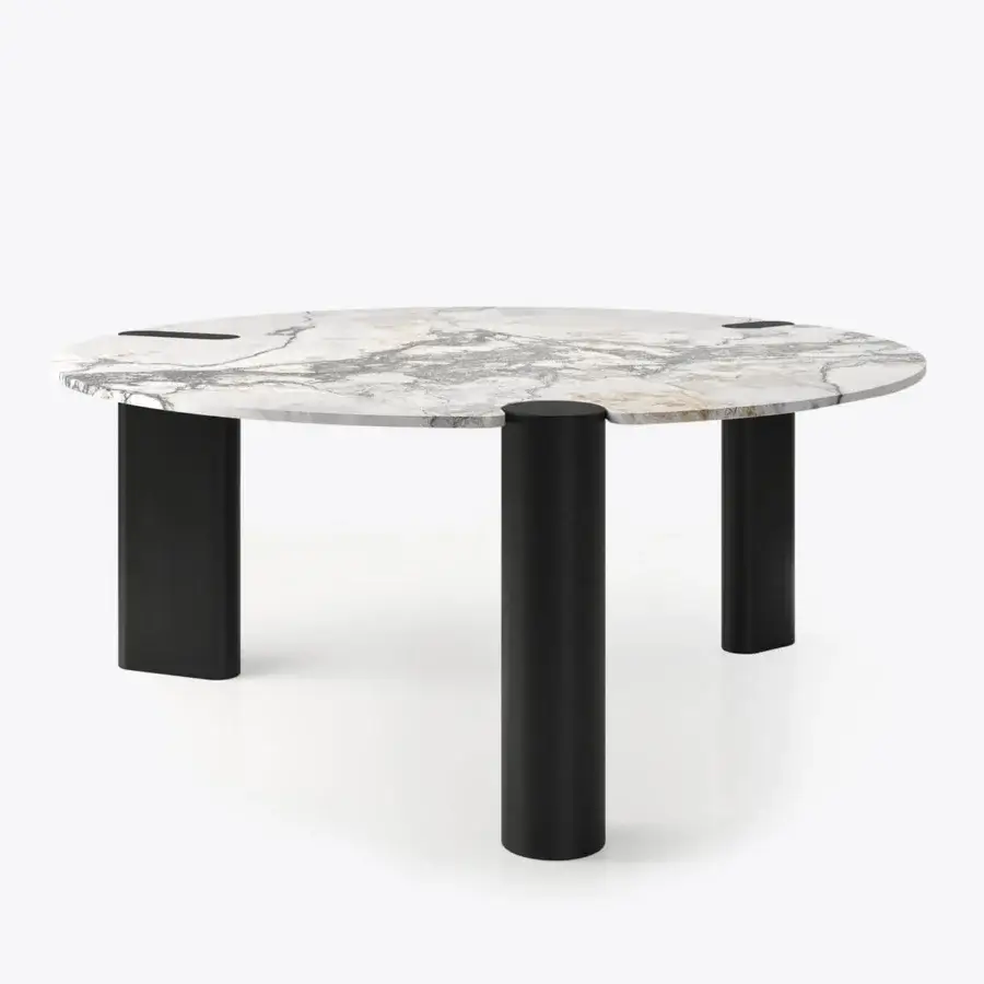 Superior Black Tie Amoris table crafted from precious marble and quartzite with polished white, gray, and gold veining and dark matte legs